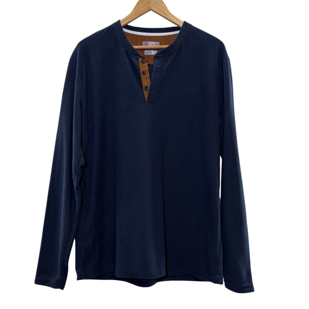 TRULY Men's Dark Blue Long Sleeve Henley, Size XL Slim Fit